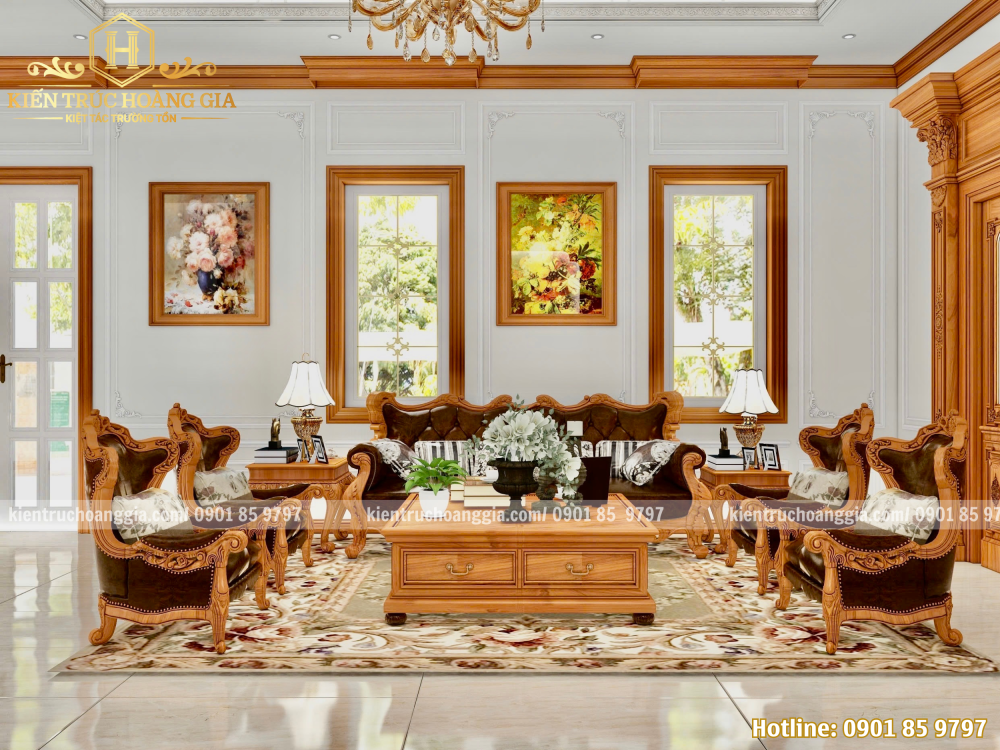 không gian phòng khách chính diện full gỗ gõ đỏ